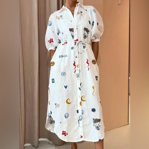 New graphic printed lantern sleeve belted button down dress - Picture 1 of 3